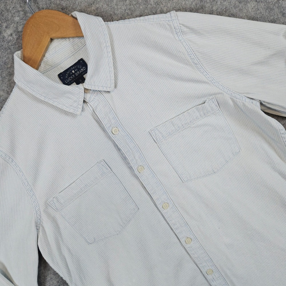Lucky Brand Boyfriend Shirt Women's Size S Blue White Striped Denim Cotton FLAWS